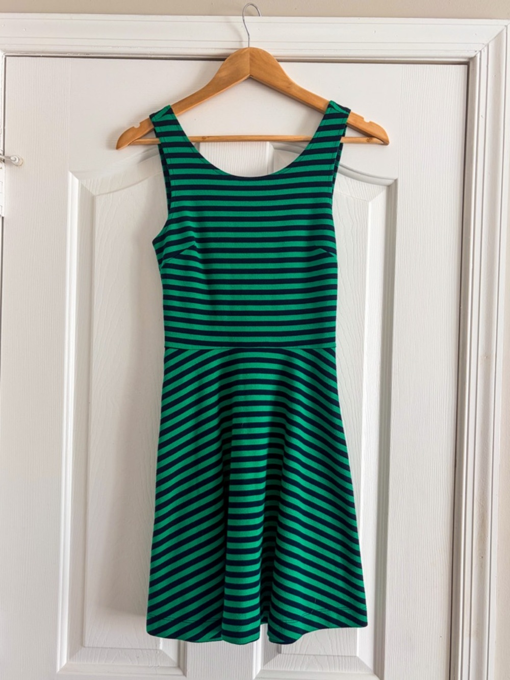 American Eagle Striped Fit & Flare Dress Navy and Green Criss-Cross Back Size 0